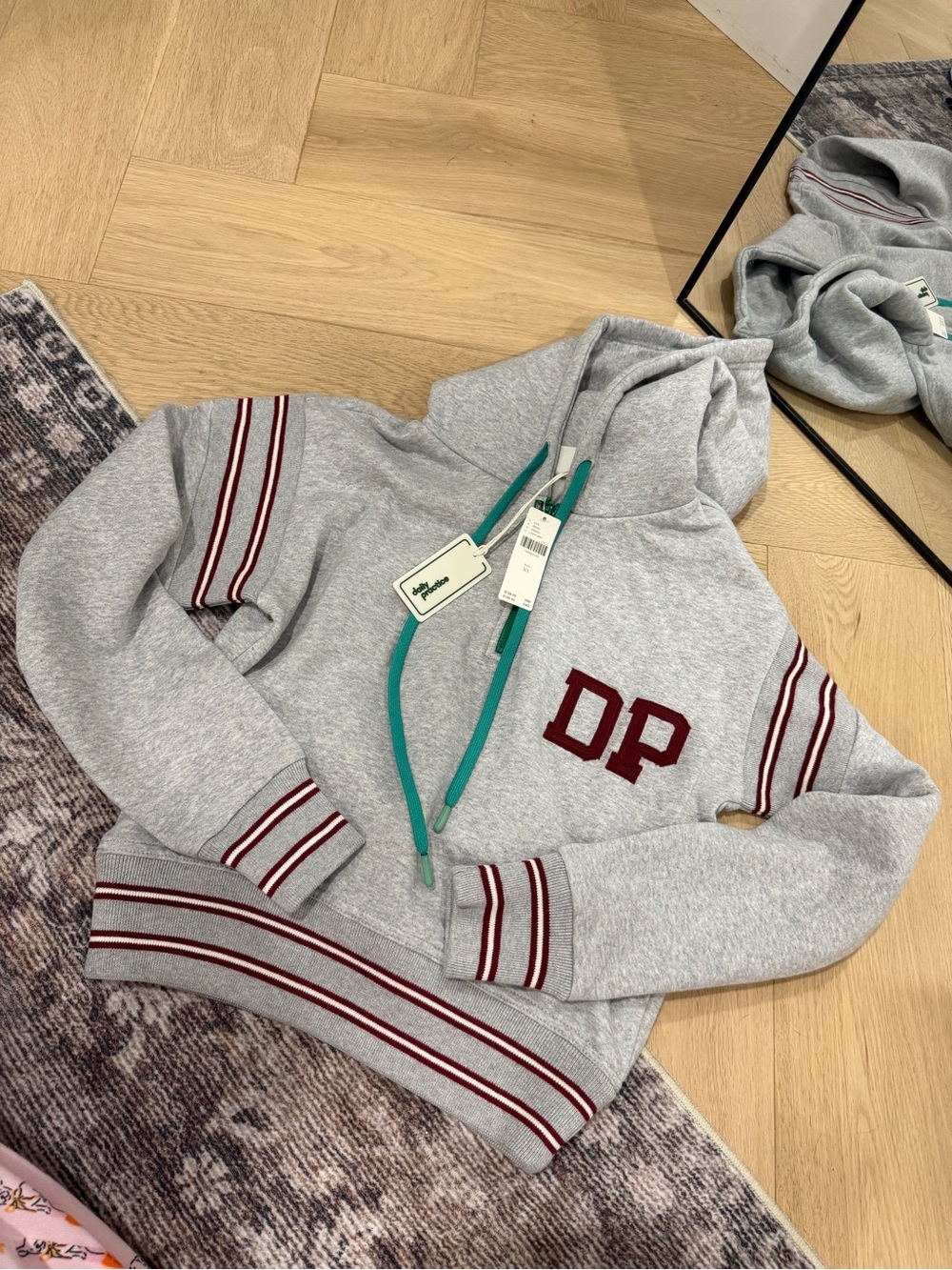 Grey Hooded Sweatshirt with Burgundy Stripes and DP Monogram